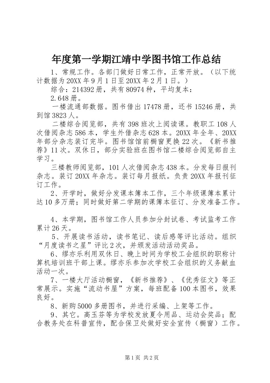 2024年年度第一学期江靖中学图书馆工作总结_第1页