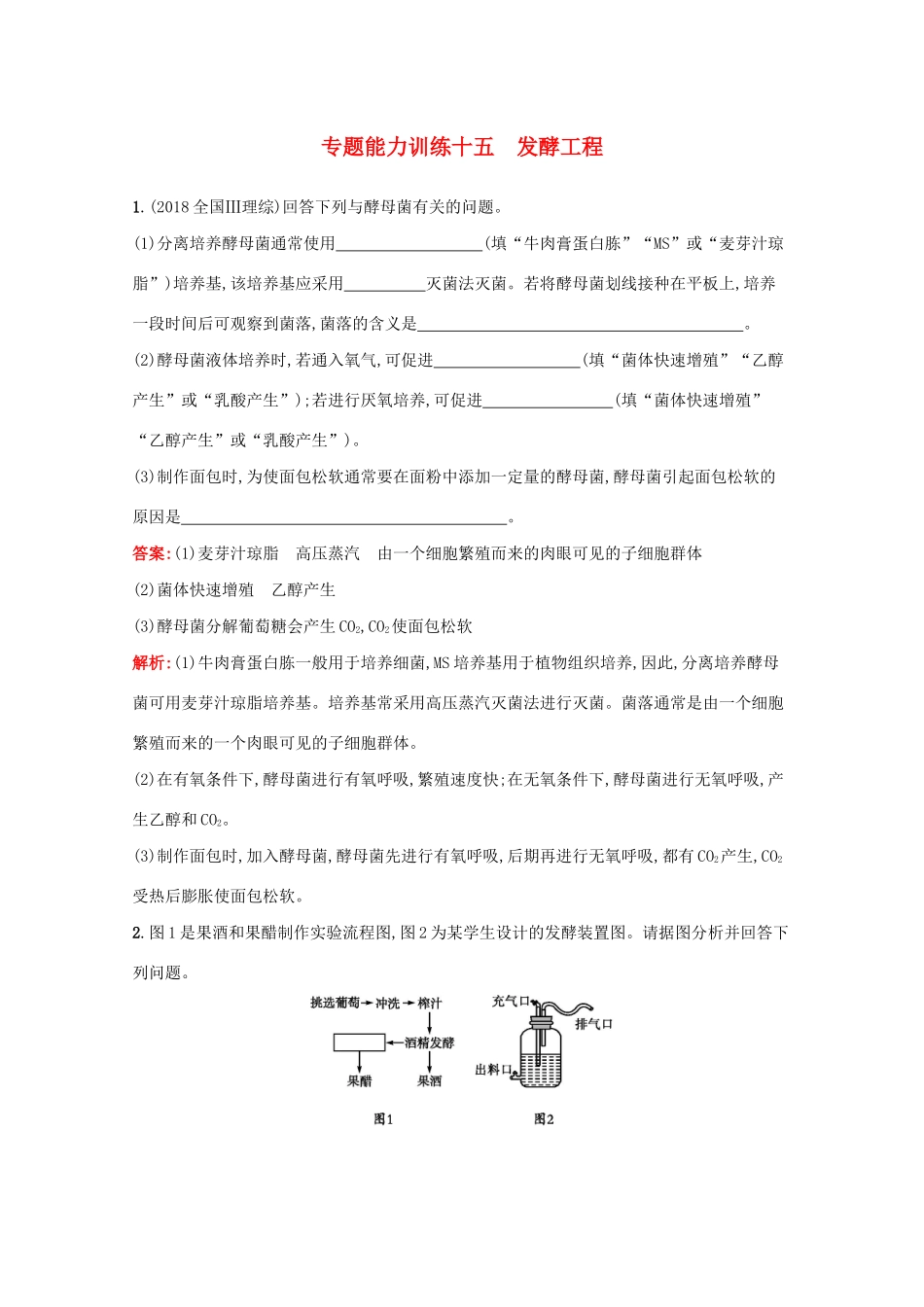 高考生物二轮复习 专题能力训练15 发酵工程（含解析）-人教版高三生物试题_第1页