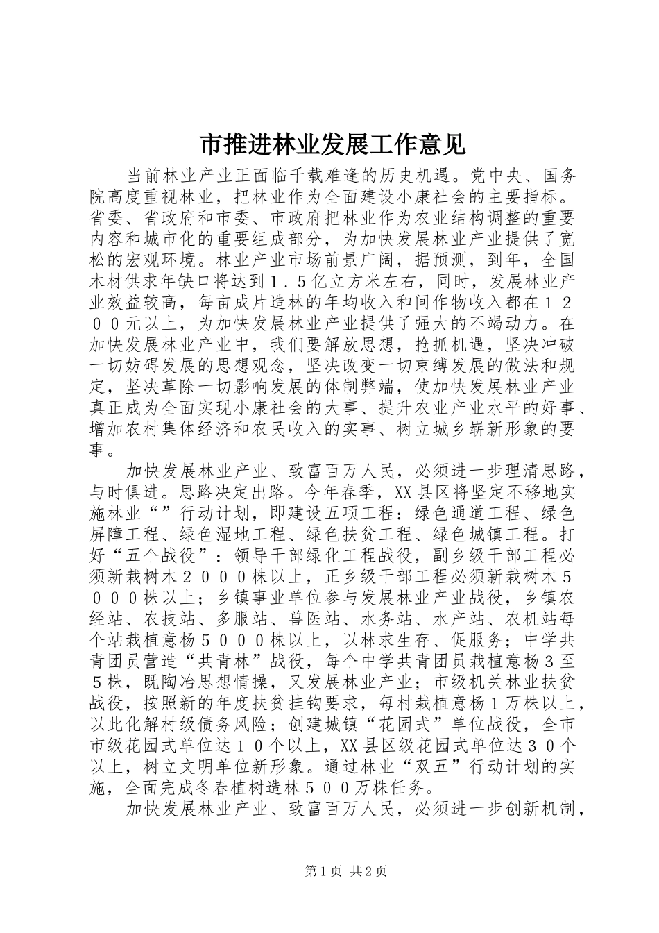 2024年市推进林业发展工作意见_第1页