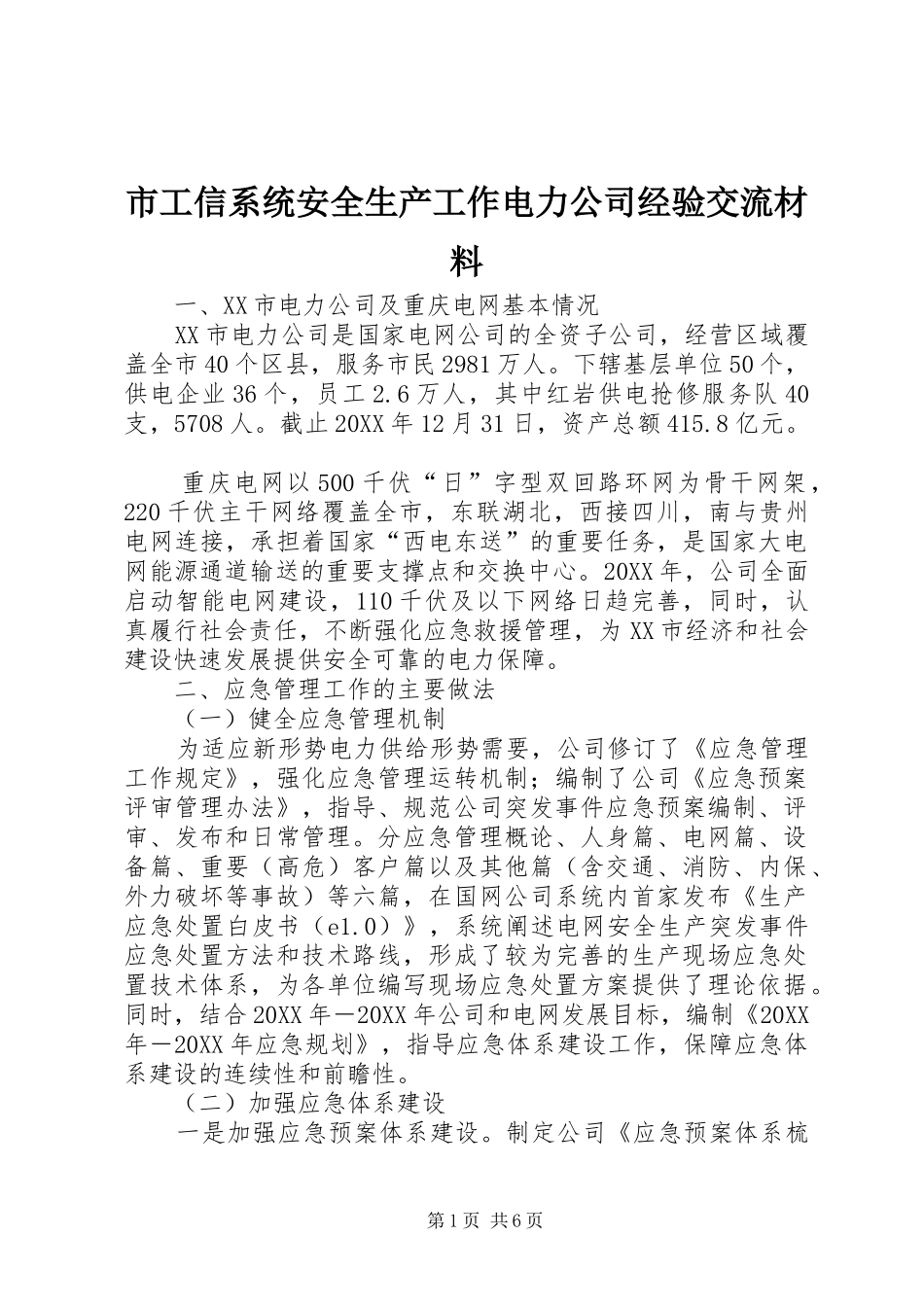 2024年市工信系统安全生产工作电力公司经验交流材料_第1页