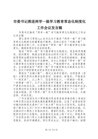 2024年市委书记推进两学一做学习教育常态化制度化工作会议发言稿