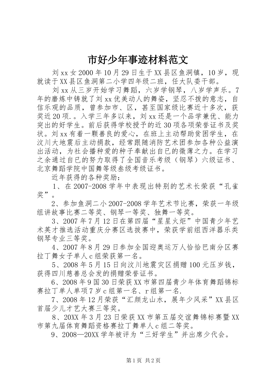 2024年市好少年事迹材料范文_第1页
