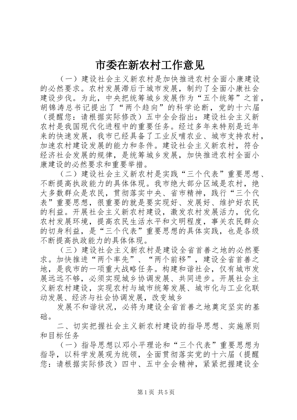 2024年市委在新农村工作意见_第1页