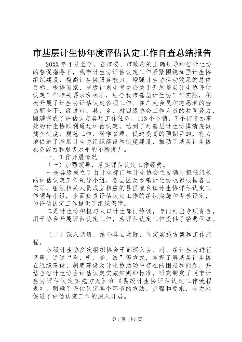 2024年市基层计生协年度评估认定工作自查总结报告_第1页