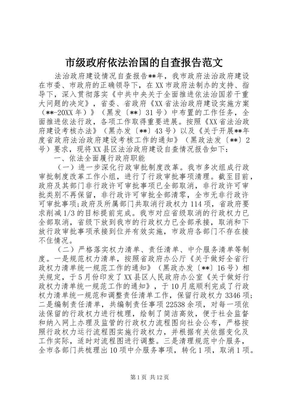 2024年市级政府依法治国的自查报告范文_第1页