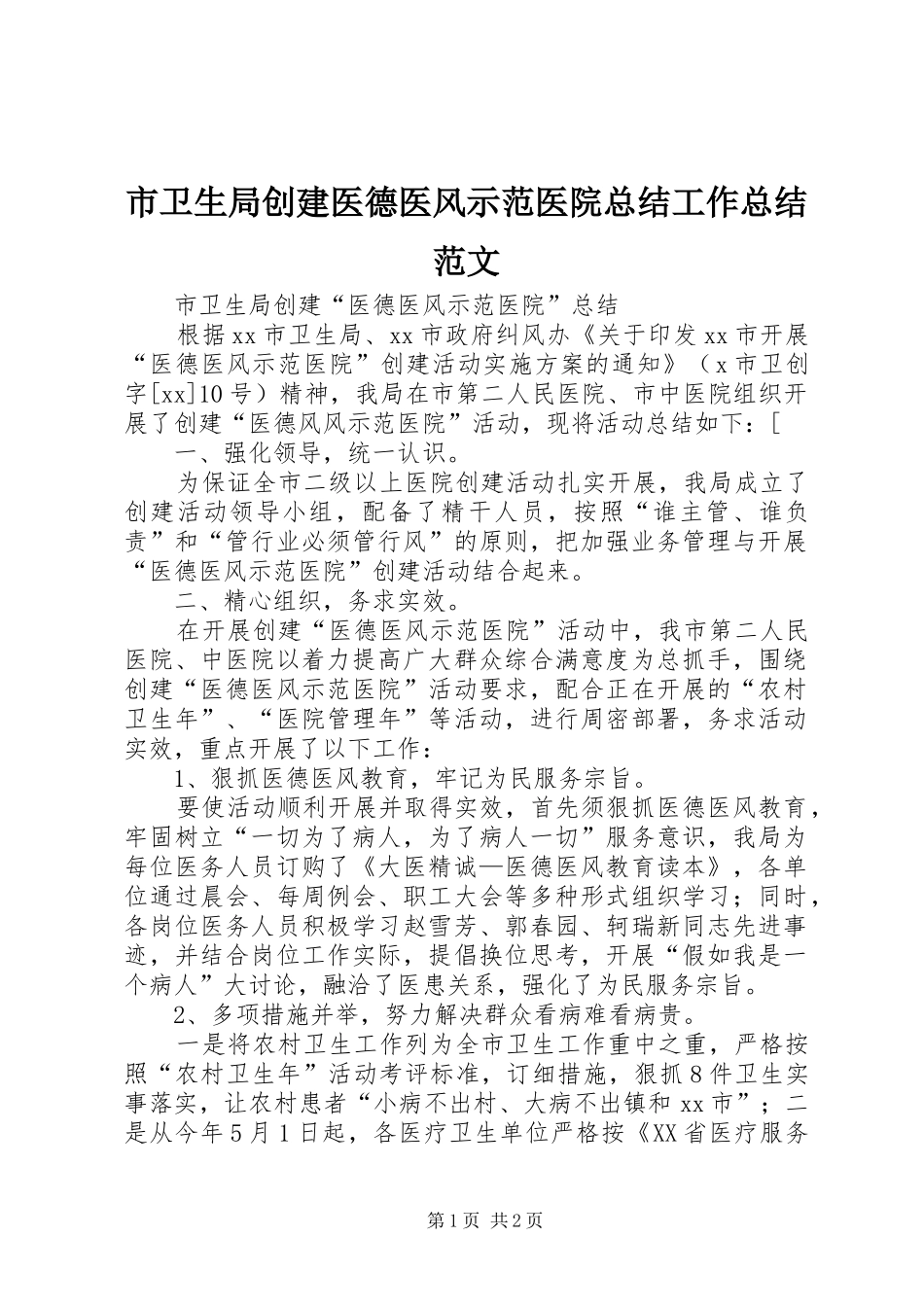 2024年市卫生局创建医德医风示范医院总结工作总结范文_第1页