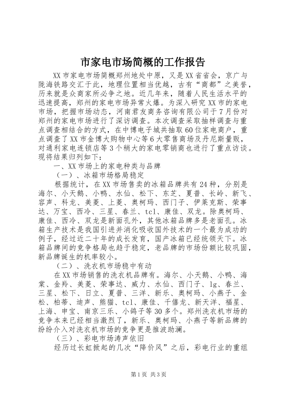 2024年市家电市场简概的工作报告_第1页