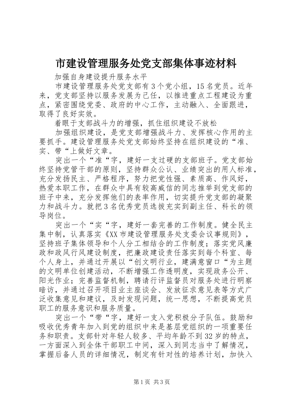 2024年市建设管理服务处党支部集体事迹材料_第1页
