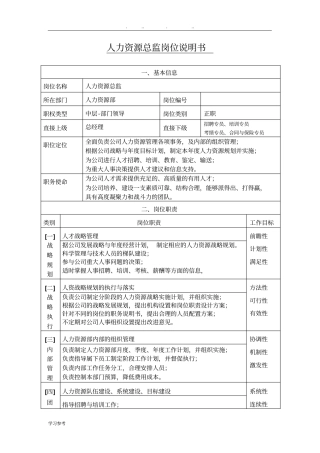 人力资源总监职务说明书