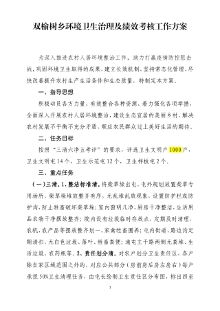 双榆树乡环境卫生治理及绩效考核工作方案