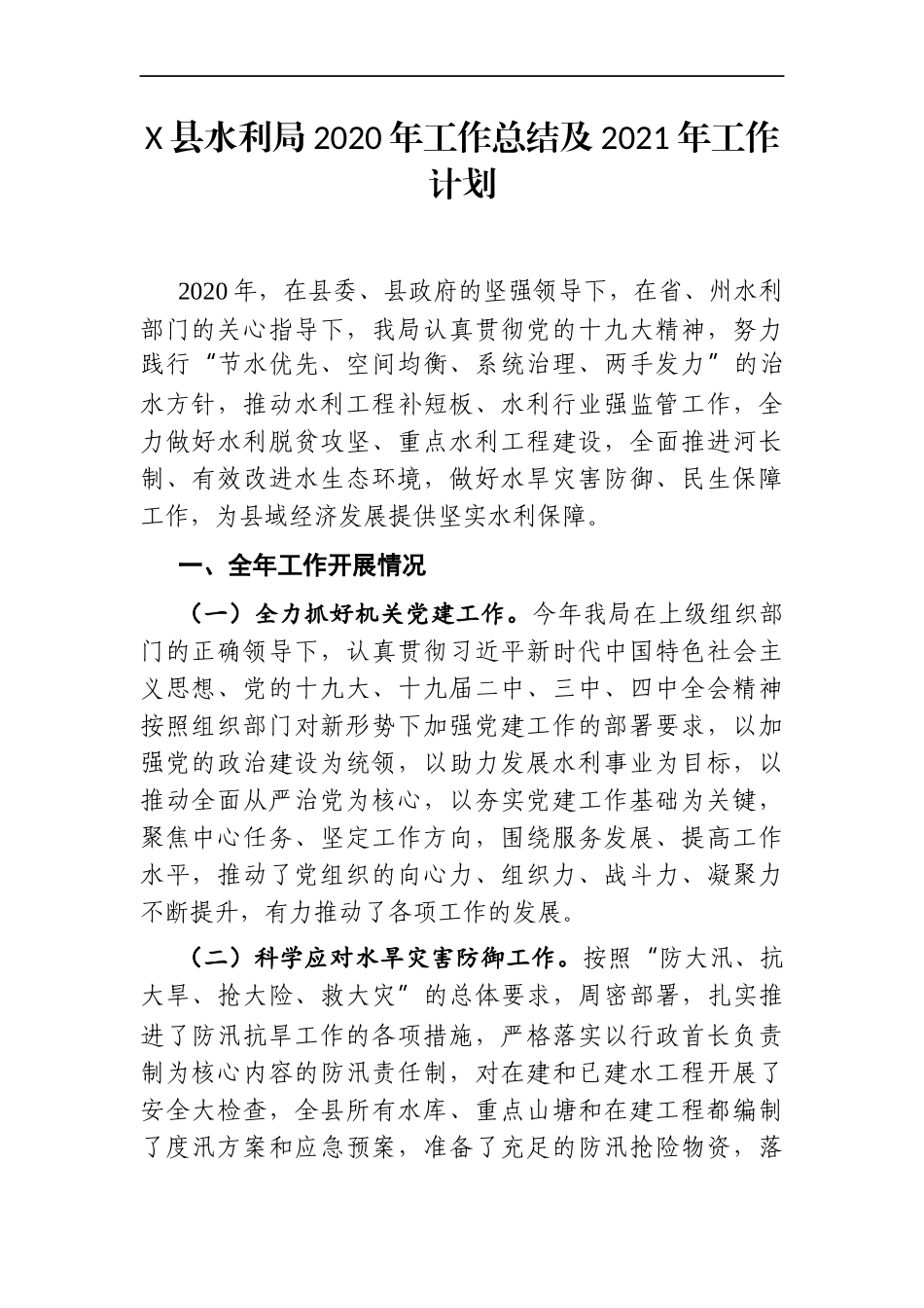 水务：X县水利局2020年工作总结及2021年工作计划_第1页