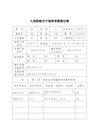 入党积极分子培养考察登记表