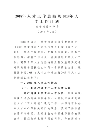 团市委2018年人才工作总结及2019年人才工作计划（定）