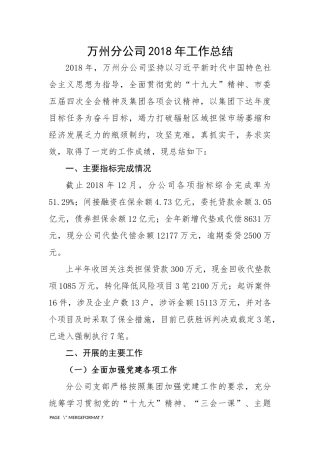 万州分公司2018年工作总结
