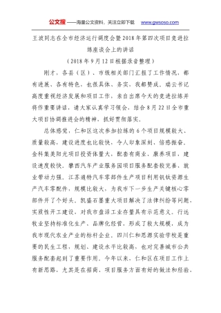 王波同志在全市经济运行调度会暨2018年第四次项目竞进拉练座谈会上的讲话