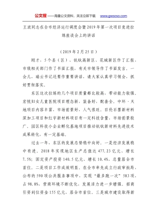 王波同志在全市经济运行调度会暨2019年第一次项目竞进拉练座谈会上的讲话