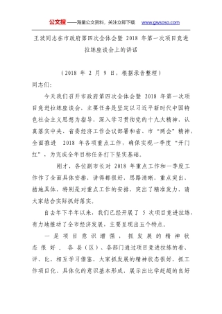王波同志在市政府第四次全体会暨 2018 年第一次项目竞进拉练座谈会上的讲话