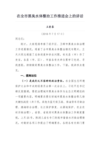 王登喜同志在全市黑臭水体整治工作推进会上的讲话