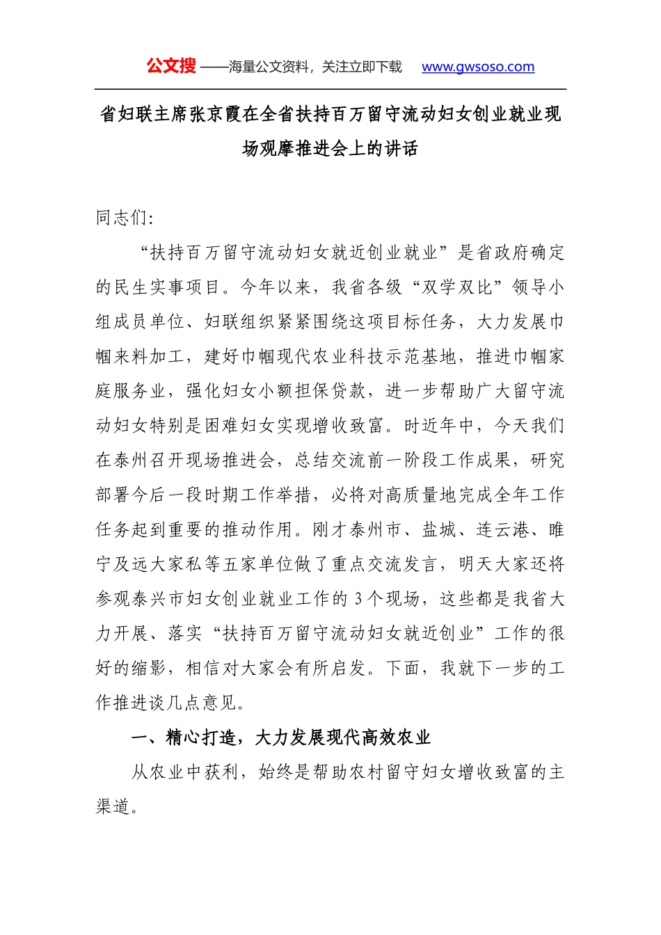 省妇联主席张京霞在全省扶持百万留守流动妇女创业就业现场观摩推进会上的讲话_第1页