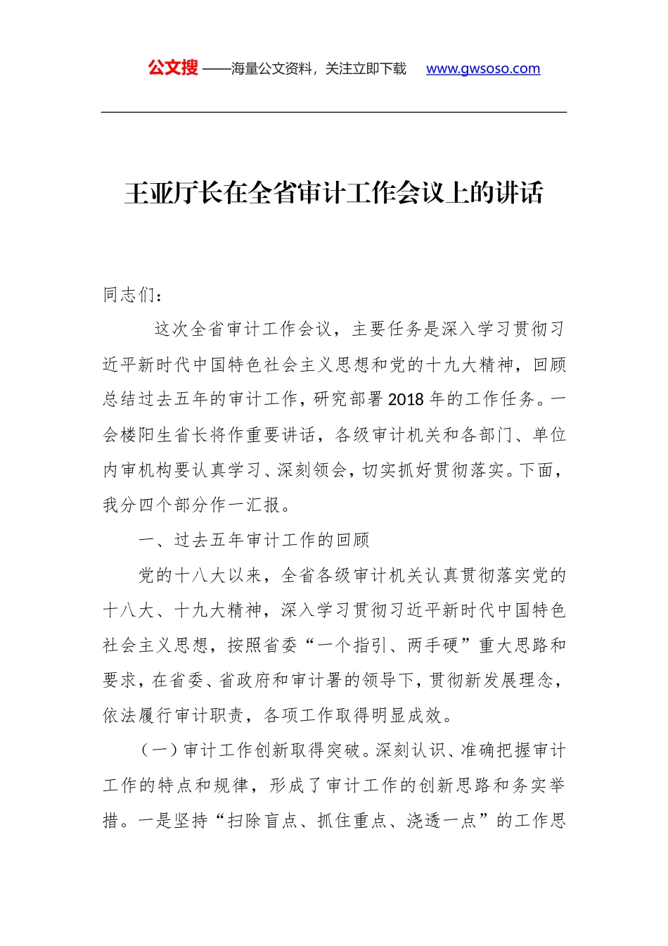 王亚厅长：在全省审计工作会议上的讲话_第1页