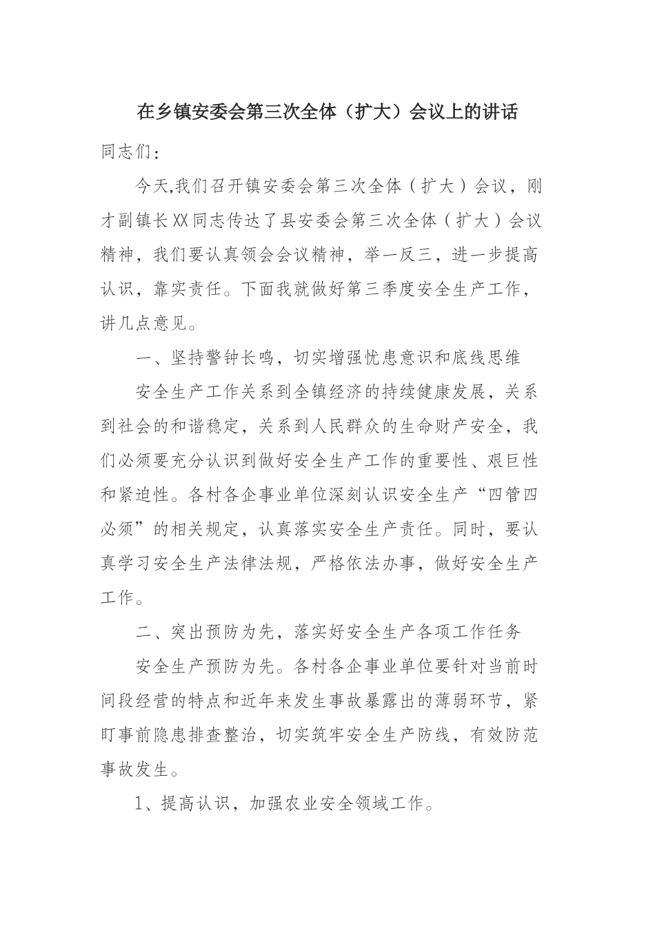 乡镇安委会第三次全体（扩大）会议上的讲话_第1页