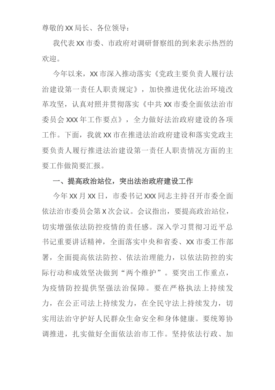 市法治政府建设暨党政主要负责人履行推进法治建设第一责任人职责情况汇报材料_第1页