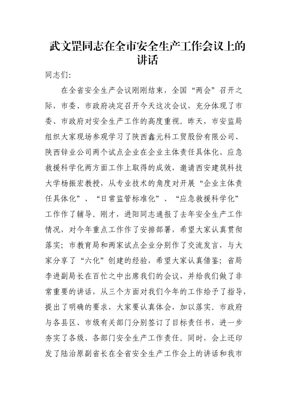 武文罡同志在全市安全生产工作会议上的讲话_第1页