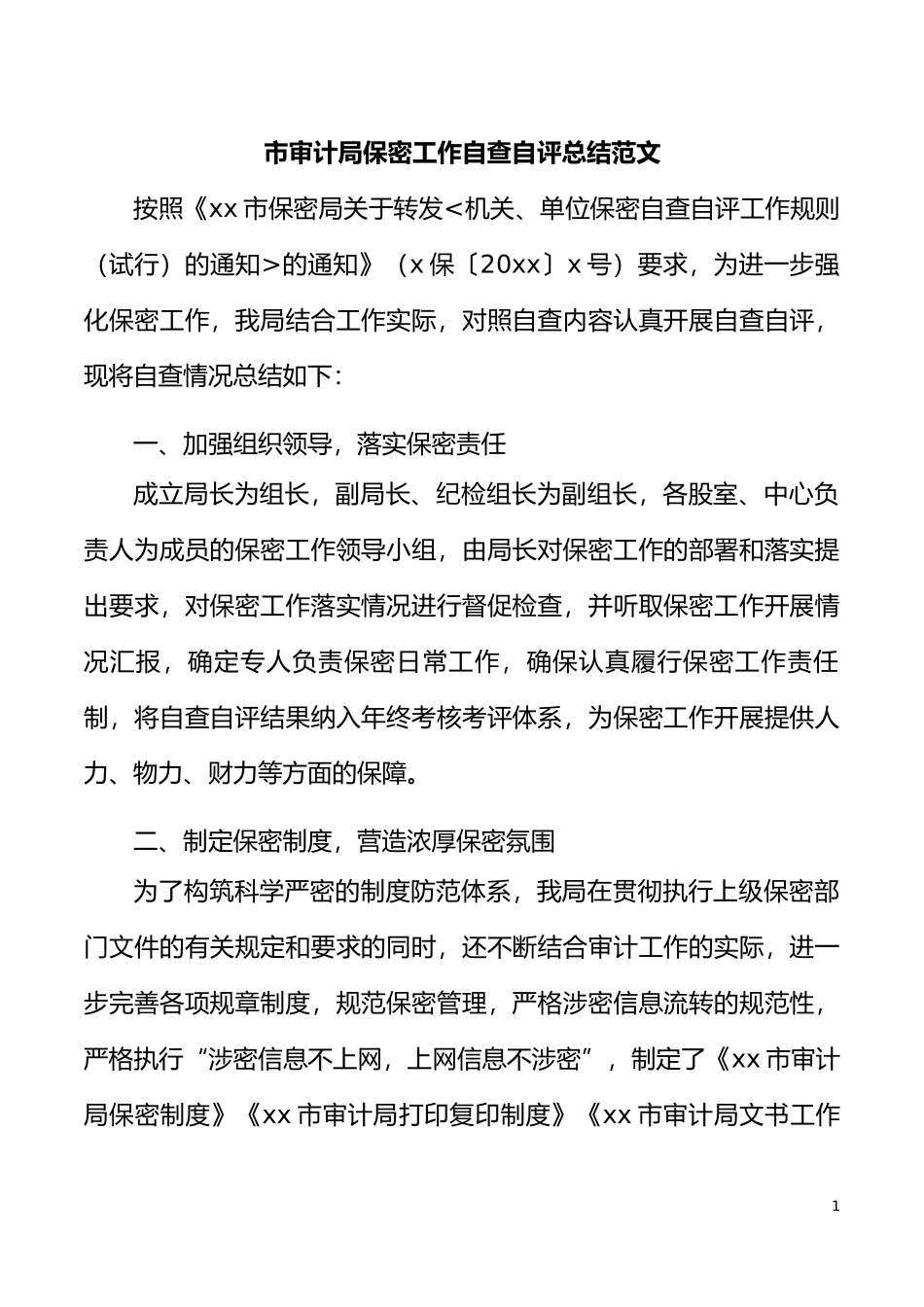 市审计局保密工作自查报告范文自评工作汇报总结_第1页