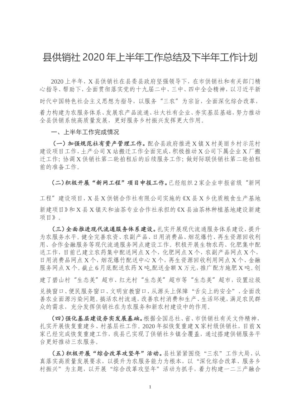 县供销社2020年上半年工作总结及下半年工作计划_第1页