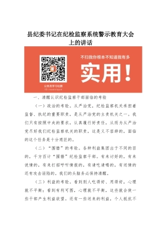 县纪委书记在纪检监察系统警示教育大会上的讲话_转换