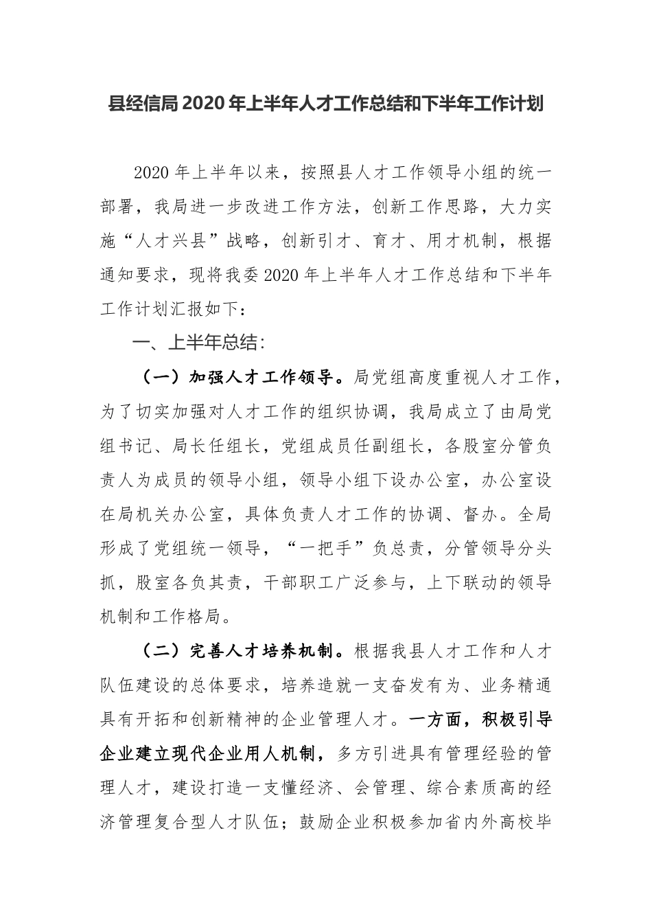 县经信局2020年上半年人才工作总结和下半年工作计划_第1页