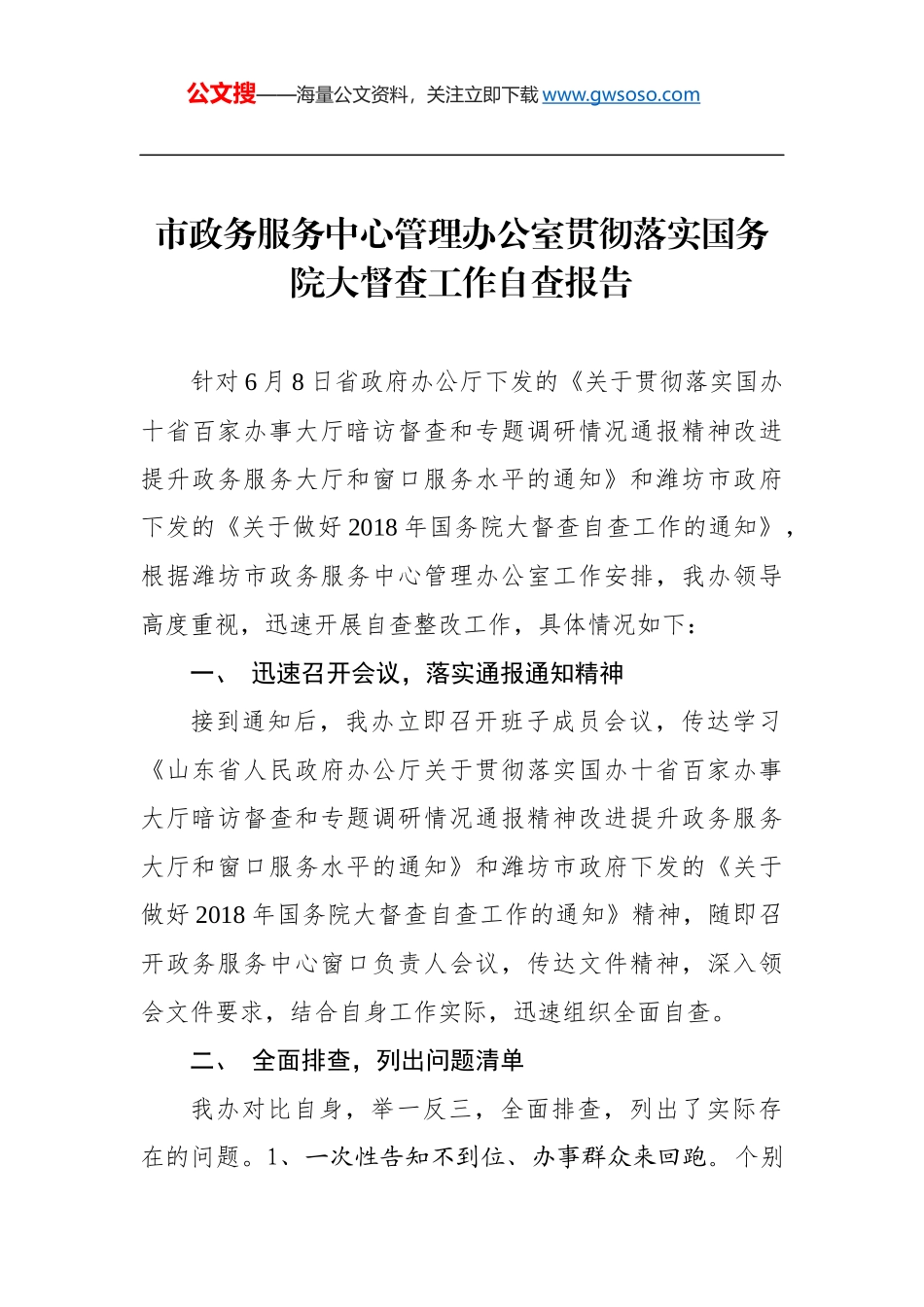 市政务服务中心管理办公室贯彻落实国务院大督查工作自查报告_第1页