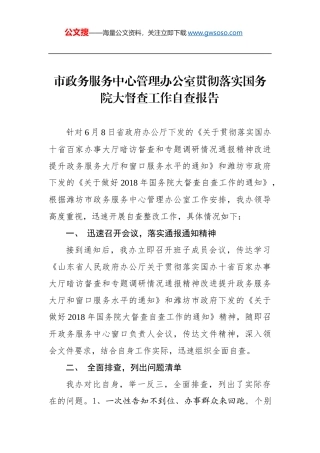 市政务服务中心管理办公室贯彻落实国务院大督查工作自查报告