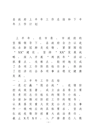 县政府2020上半年工作总结和下半年工作计划