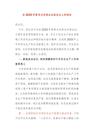 在2020年第X次安委会全体会议上的讲话县政府