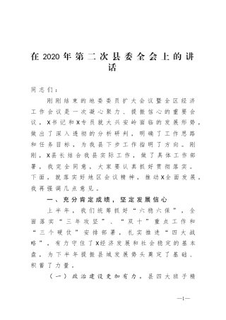 在2020年第二次县委全体委员会议上的讲话