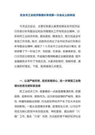 在全市工业经济稳增长专班第一次会议上的讲话