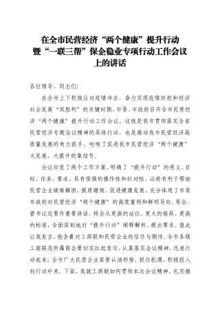 在全市民营经济两个健康提升行动暨一联三帮保企稳业专项行动工作会议上的讲话
