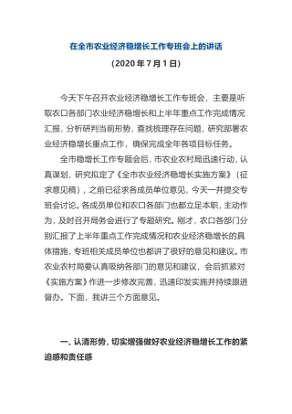 在全市农业经济稳增长工作专班会上的讲话