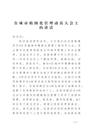 在城市精细化管理动员大会上的讲话