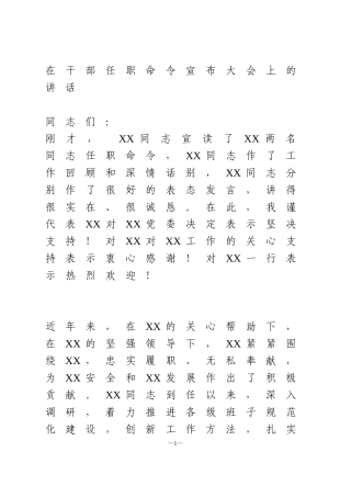 在干部任职命令宣布大会上的讲话