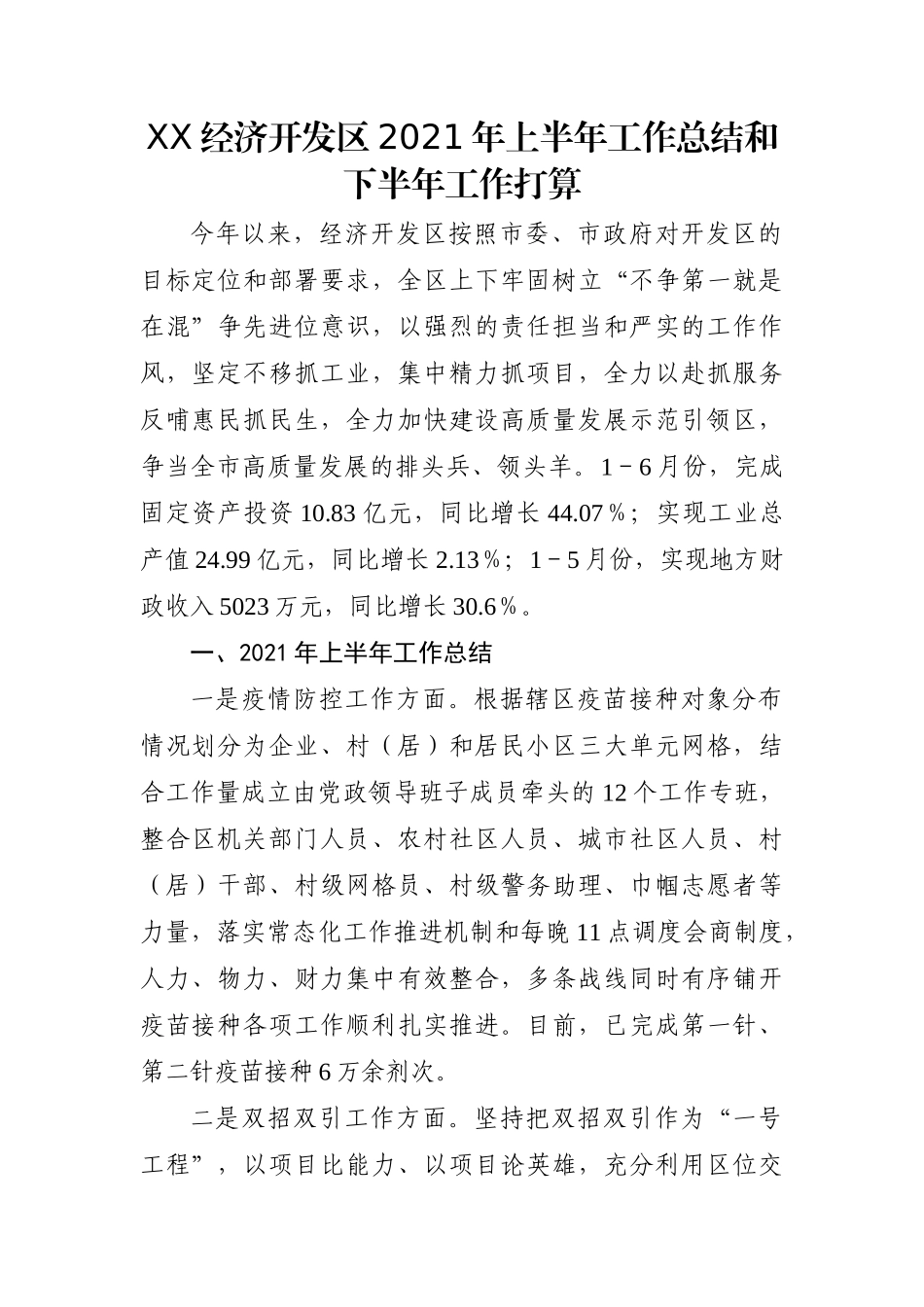 园区：XX经济开发区2021年上半年工作总结和下半年工作打算_第1页