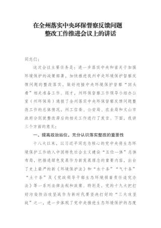 在全州落实中央环保督察反馈问题_整改工作推进会议上的讲话