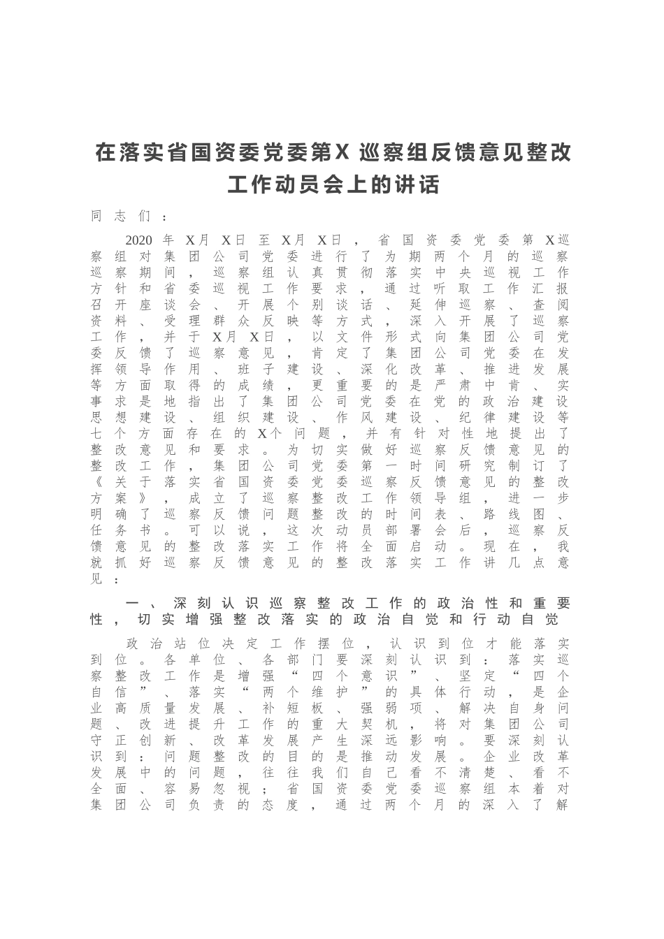 在落实省国资委党委第X巡察组反馈意见整改工作动员会上的讲话_第1页