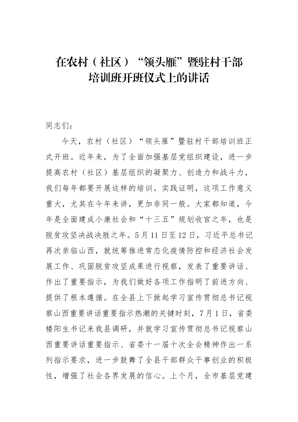 在农村（社区）“领头雁”暨驻村干部培训班开班仪式上的讲话_第1页