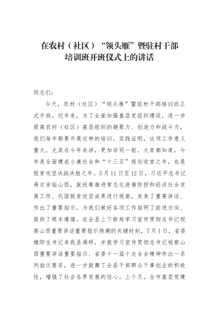 在农村（社区）“领头雁”暨驻村干部培训班开班仪式上的讲话