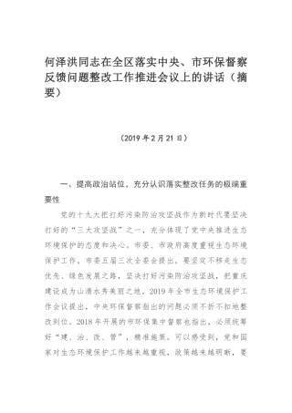 在全区落实中央、市环保督察反馈问题整改工作推进会议上的讲话（摘要）