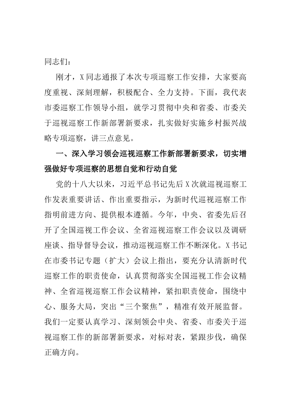 在乡村振兴战略专项巡察工作动员会上的讲话_第1页