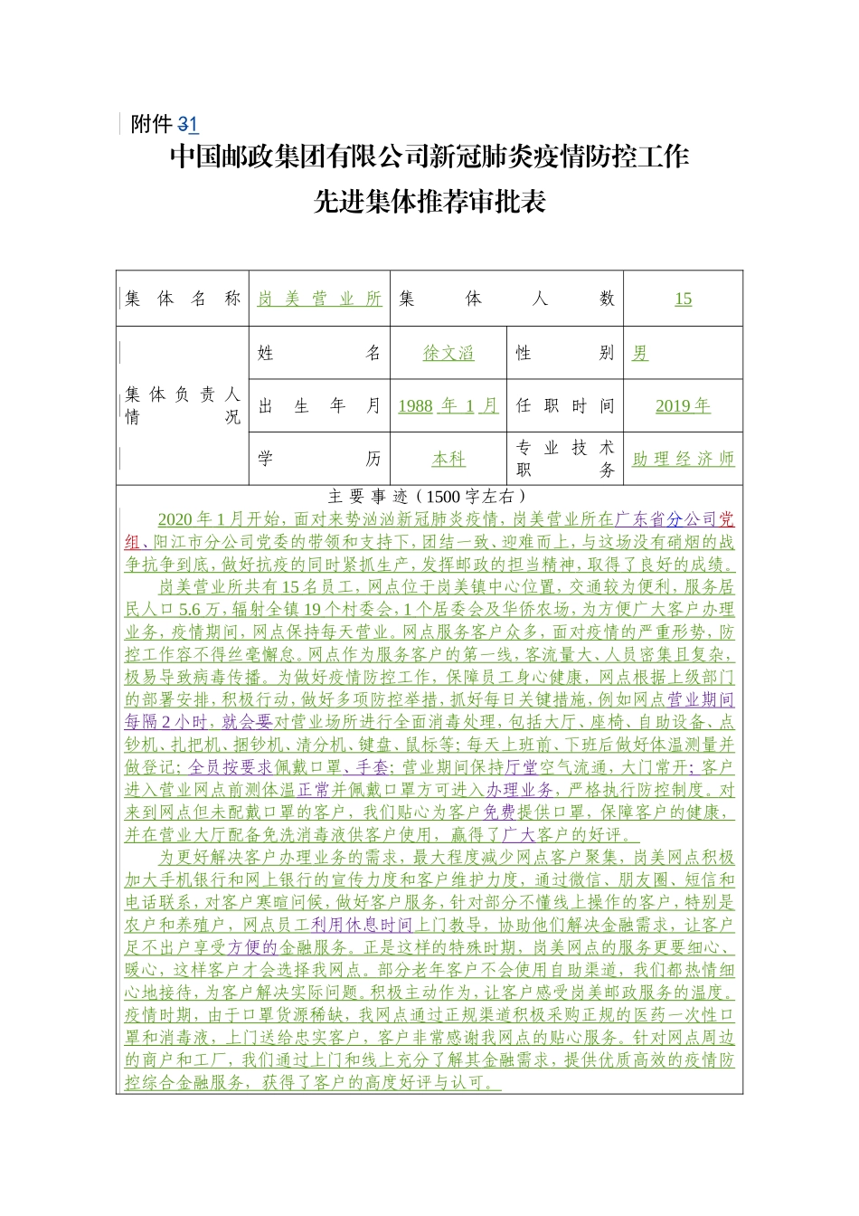 中国邮政集团有限公司新冠肺炎疫情防控工作先进集体推荐审批表岗美营业所_第1页