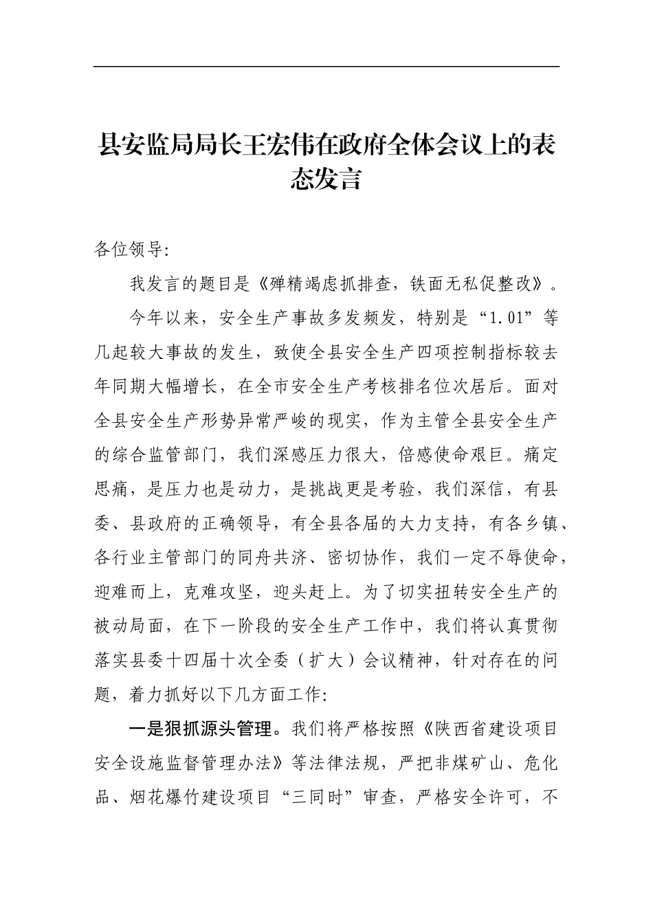 在政府全体会议上的表态发言_第1页